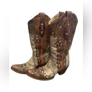 Women's Corral Sand/Cognac Laser Overlay Square Toe Boots